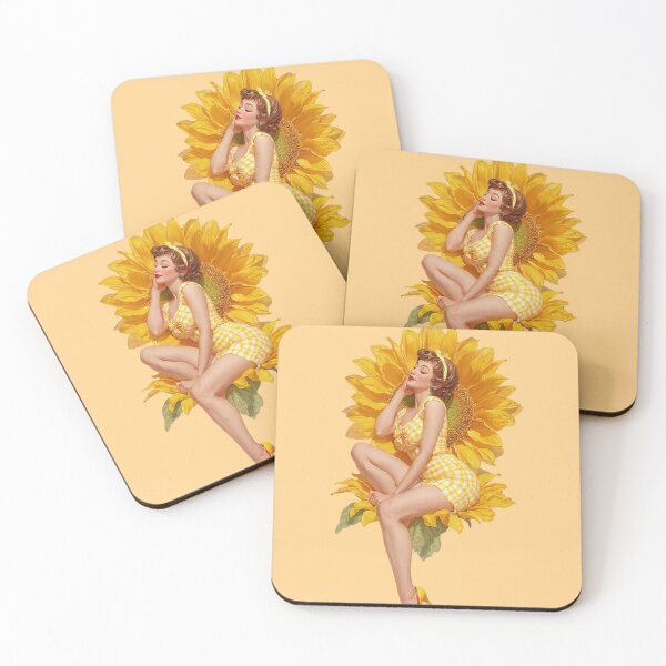 Artikelvorschau, Vintage-Aufkleber mit Sonnenblumen-Pin-up-Girl aus den 1950er Jahren – Goldener Vichy-Karo-Stil entworfen und verkauft von SunPeachRetro.