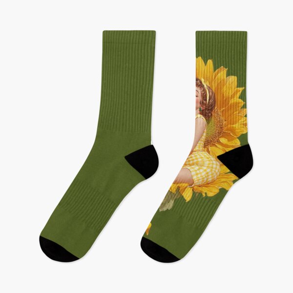 Artikelvorschau, Vintage-Aufkleber mit Sonnenblumen-Pin-up-Girl aus den 1950er Jahren – Goldener Vichy-Karo-Stil entworfen und verkauft von SunPeachRetro.