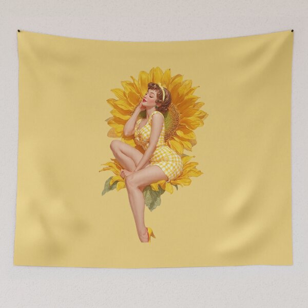 Item preview, Vintage 1950s Sunflower Pin-Up Girl Sticker – Golden Gingham Aesthetic designed and sold by SunPeachRetro.