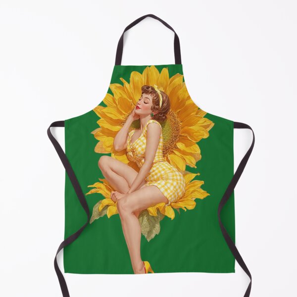 Artikelvorschau, Vintage-Aufkleber mit Sonnenblumen-Pin-up-Girl aus den 1950er Jahren – Goldener Vichy-Karo-Stil entworfen und verkauft von SunPeachRetro.