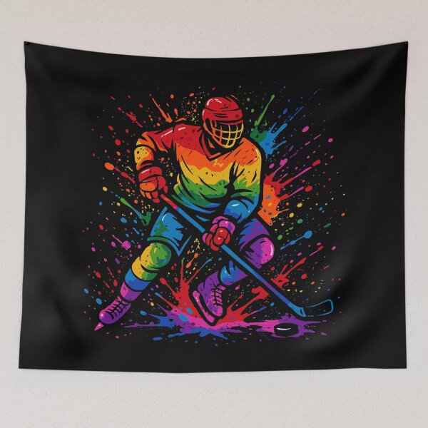 Aperçu de l'œuvre Joueur de hockey Gay Pride Paint Splatter créée et vendue par Ghost on Toast.