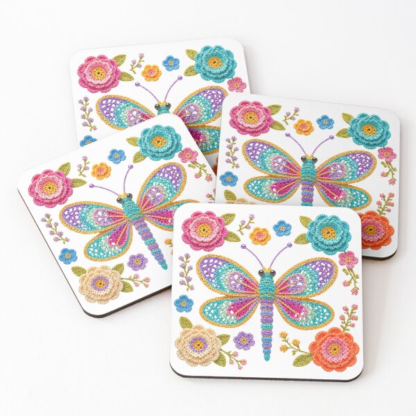 Item preview, Retro Crochet-Style Dragonfly Floral Print Shapes Mania designed and sold by Shapes-Mania.
