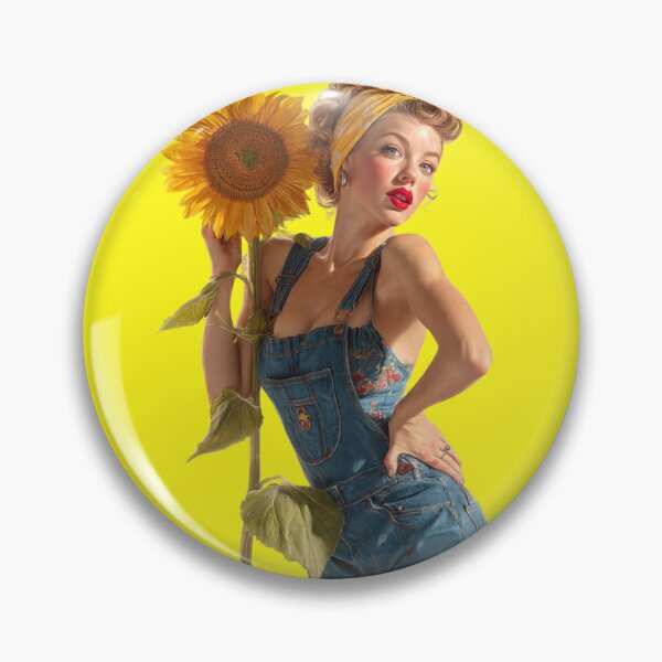 Item preview, Retro Garden Pin-Up Girl – 1940s Workwear Sunflower Sticker designed and sold by SunPeachRetro.