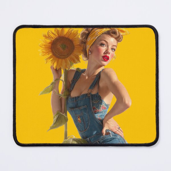 Item preview, Retro Garden Pin-Up Girl – 1940s Workwear Sunflower Sticker designed and sold by SunPeachRetro.