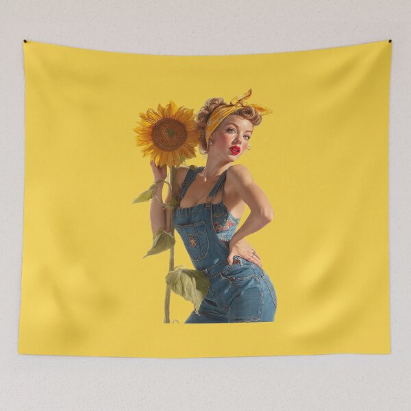 Item preview, Retro Garden Pin-Up Girl – 1940s Workwear Sunflower Sticker designed and sold by SunPeachRetro.