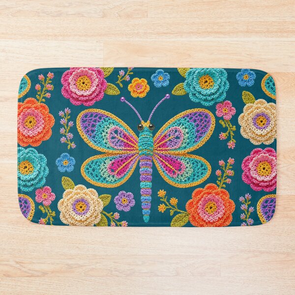 Item preview, Retro Crochet-Style Dragonfly Floral Print o Blue Shapes Mania designed and sold by Shapes-Mania.