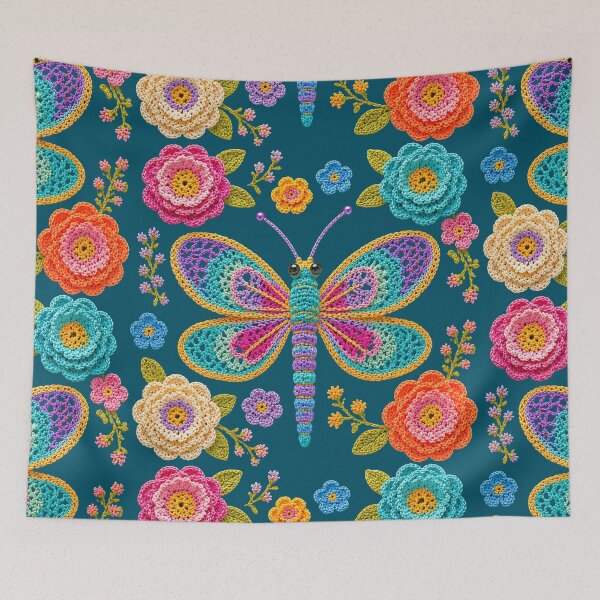Item preview, Retro Crochet-Style Dragonfly Floral Print o Blue Shapes Mania designed and sold by Shapes-Mania.