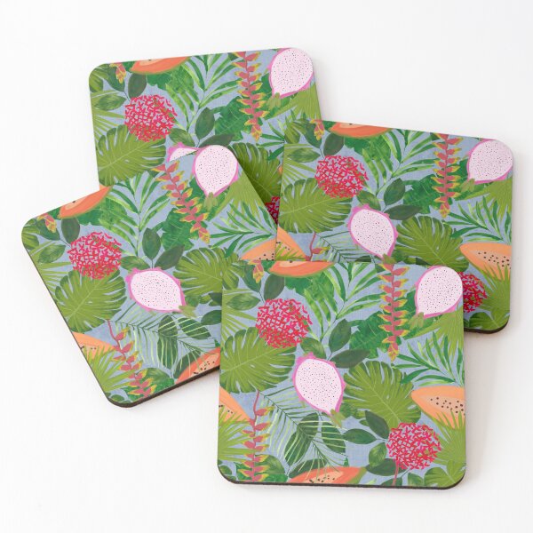 Item preview, Painterly Tropical botanical hothouse jungle of lush greenery fruits and florals on dusty blue designed and sold by PrettywithColor.