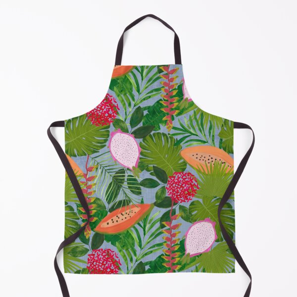 Item preview, Painterly Tropical botanical hothouse jungle of lush greenery fruits and florals on dusty blue designed and sold by PrettywithColor.