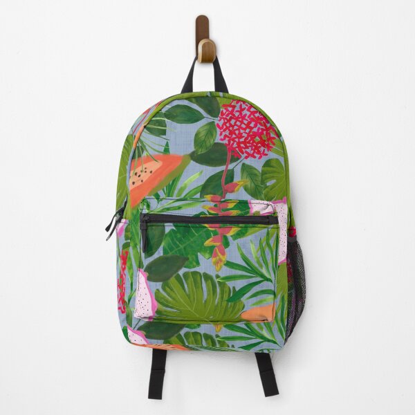 Item preview, Painterly Tropical botanical hothouse jungle of lush greenery fruits and florals on dusty blue designed and sold by PrettywithColor.