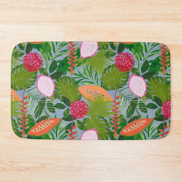 Item preview, Painterly Tropical botanical hothouse jungle of lush greenery fruits and florals on dusty blue designed and sold by PrettywithColor.