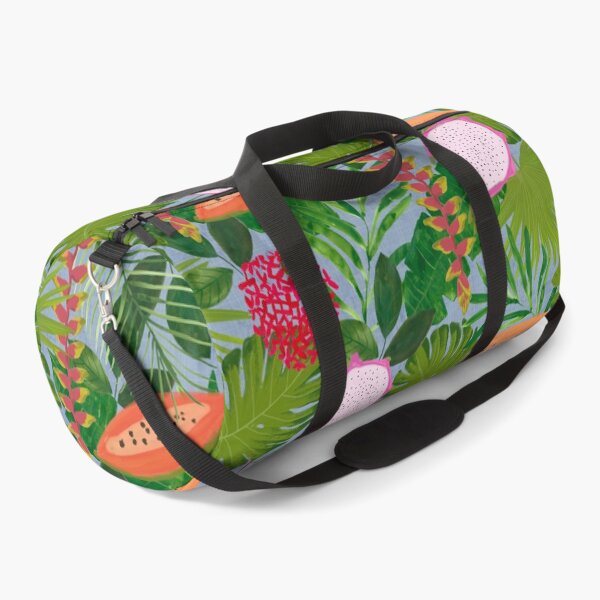 Item preview, Painterly Tropical botanical hothouse jungle of lush greenery fruits and florals on dusty blue designed and sold by PrettywithColor.