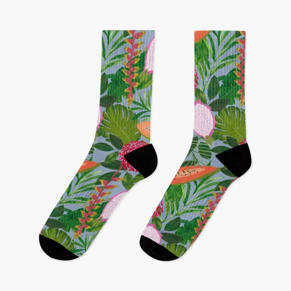 Item preview, Painterly Tropical botanical hothouse jungle of lush greenery fruits and florals on dusty blue designed and sold by PrettywithColor.