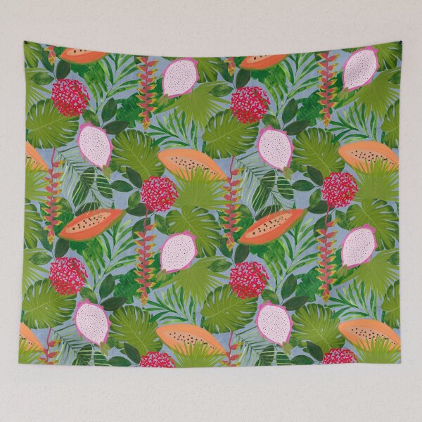 Item preview, Painterly Tropical botanical hothouse jungle of lush greenery fruits and florals on dusty blue designed and sold by PrettywithColor.