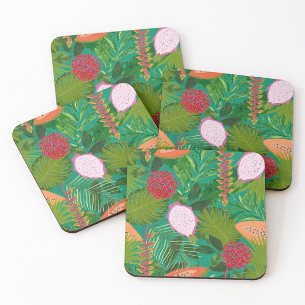 Item preview, Maximalist Painterly Tropical botanical hothouse jungle of lush greenery fruits and florals on turquoise designed and sold by PrettywithColor.