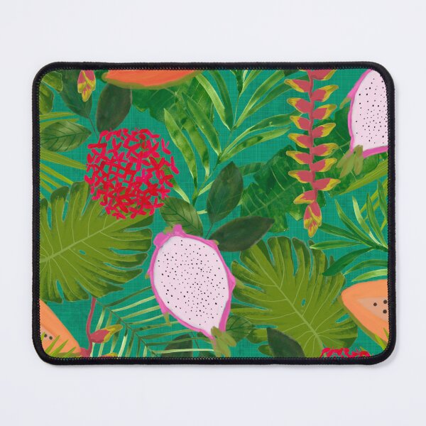 Item preview, Maximalist Painterly Tropical botanical hothouse jungle of lush greenery fruits and florals on turquoise designed and sold by PrettywithColor.