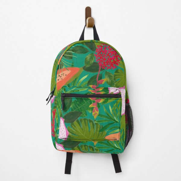 Item preview, Maximalist Painterly Tropical botanical hothouse jungle of lush greenery fruits and florals on turquoise designed and sold by PrettywithColor.