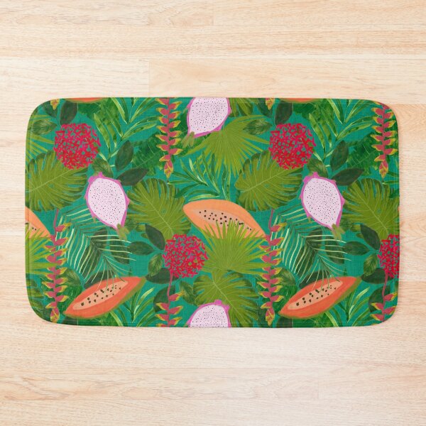 Item preview, Maximalist Painterly Tropical botanical hothouse jungle of lush greenery fruits and florals on turquoise designed and sold by PrettywithColor.
