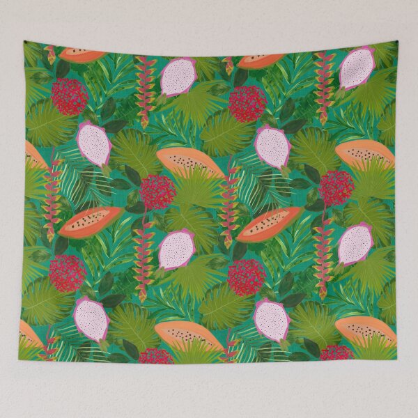 Item preview, Maximalist Painterly Tropical botanical hothouse jungle of lush greenery fruits and florals on turquoise designed and sold by PrettywithColor.