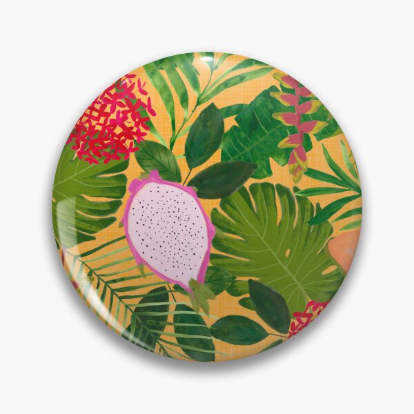 Item preview, Maximalist Painterly Tropical botanical hothouse jungle of lush greenery fruits and florals on orange designed and sold by PrettywithColor.
