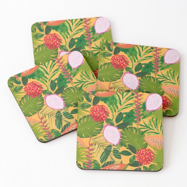 Item preview, Maximalist Painterly Tropical botanical hothouse jungle of lush greenery fruits and florals on orange designed and sold by PrettywithColor.