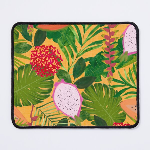 Item preview, Maximalist Painterly Tropical botanical hothouse jungle of lush greenery fruits and florals on orange designed and sold by PrettywithColor.