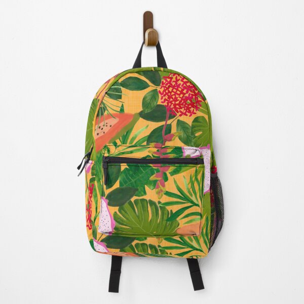 Item preview, Maximalist Painterly Tropical botanical hothouse jungle of lush greenery fruits and florals on orange designed and sold by PrettywithColor.