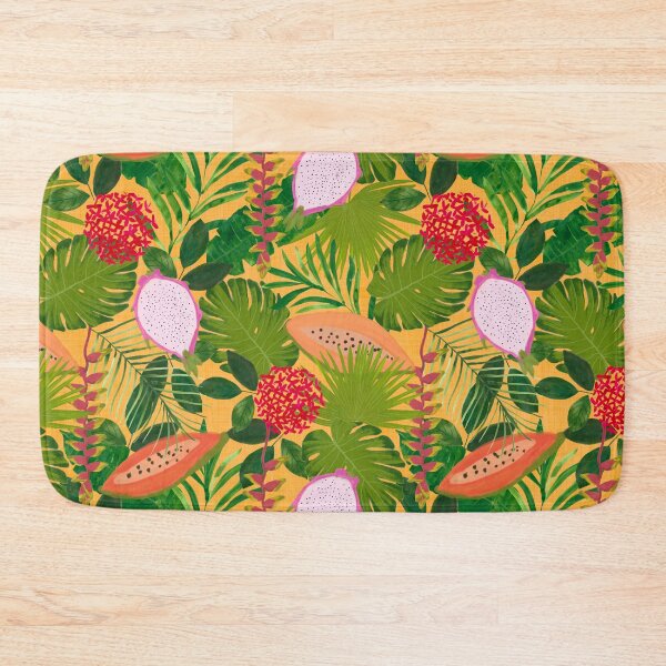 Item preview, Maximalist Painterly Tropical botanical hothouse jungle of lush greenery fruits and florals on orange designed and sold by PrettywithColor.