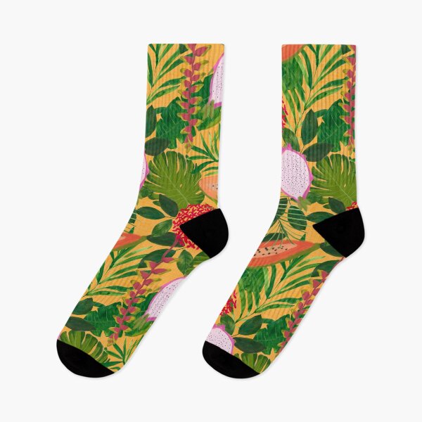 Item preview, Maximalist Painterly Tropical botanical hothouse jungle of lush greenery fruits and florals on orange designed and sold by PrettywithColor.
