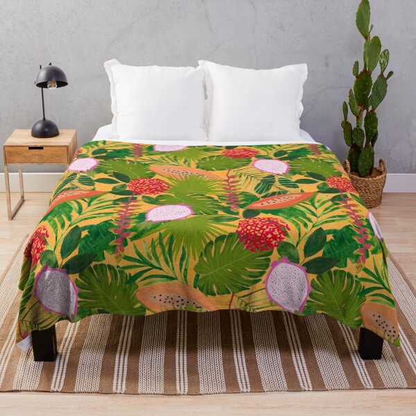 Item preview, Maximalist Painterly Tropical botanical hothouse jungle of lush greenery fruits and florals on orange designed and sold by PrettywithColor.
