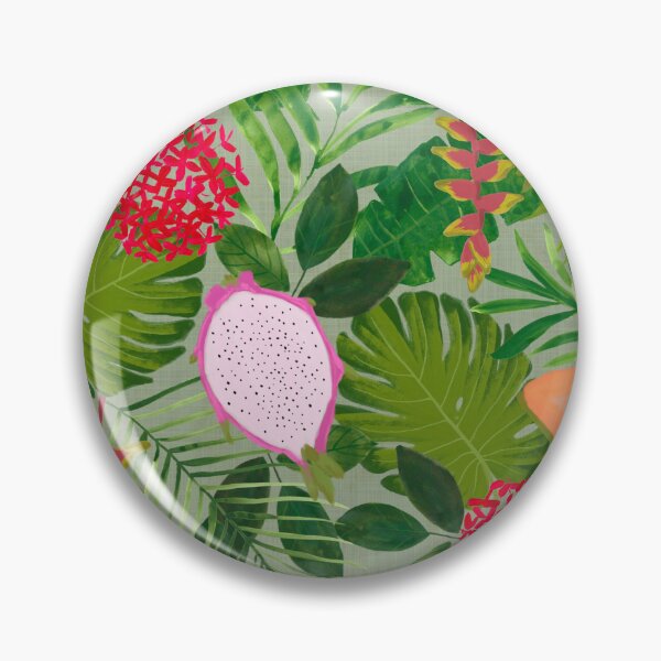 Item preview, Maximalist Painterly Tropical botanical hothouse jungle of lush greenery fruits and florals on sage green designed and sold by PrettywithColor.