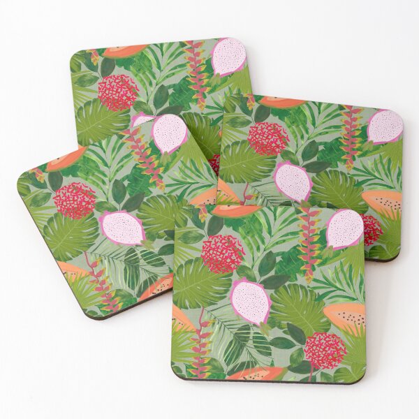 Item preview, Maximalist Painterly Tropical botanical hothouse jungle of lush greenery fruits and florals on sage green designed and sold by PrettywithColor.