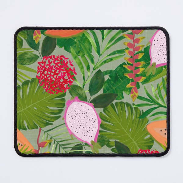 Item preview, Maximalist Painterly Tropical botanical hothouse jungle of lush greenery fruits and florals on sage green designed and sold by PrettywithColor.