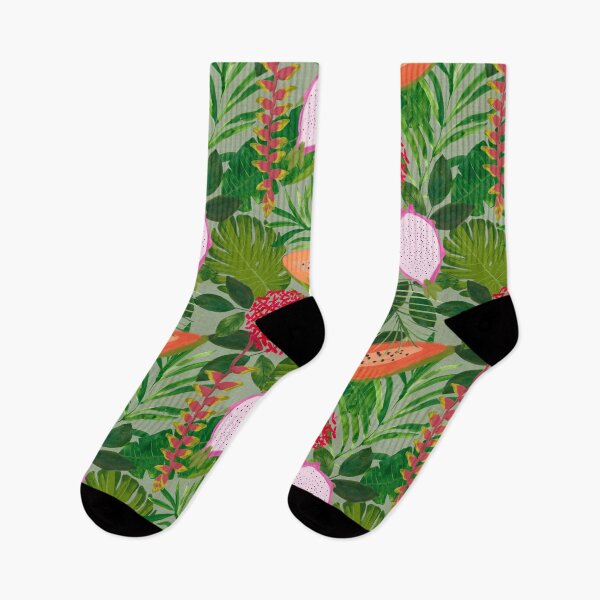 Item preview, Maximalist Painterly Tropical botanical hothouse jungle of lush greenery fruits and florals on sage green designed and sold by PrettywithColor.
