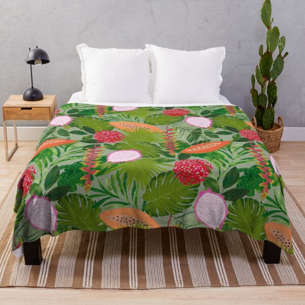 Item preview, Maximalist Painterly Tropical botanical hothouse jungle of lush greenery fruits and florals on sage green designed and sold by PrettywithColor.