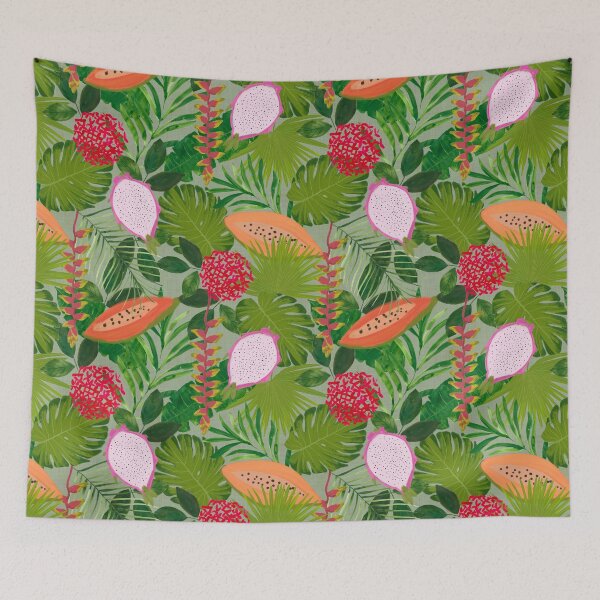 Item preview, Maximalist Painterly Tropical botanical hothouse jungle of lush greenery fruits and florals on sage green designed and sold by PrettywithColor.
