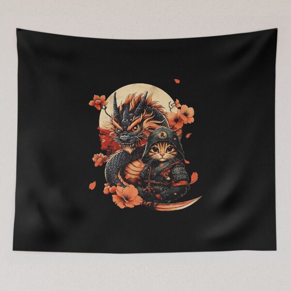 Item preview, Samurai Cat and Dragon Japanese Tattoo Style  designed and sold by titanlevi.