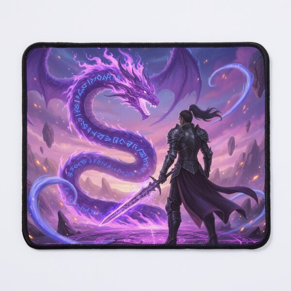 Item preview, Runebound Inferno – Warrior Confronts the Arcane Serpent Dragon in a Celestial Battle Realm designed and sold by Dream Bloom Gallery.
