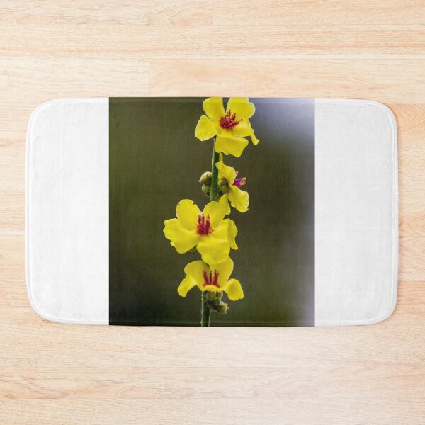 Item preview, Vertical Cluster Of Yellow Mullein Flowers On Stem With Red Centers And Soft Bokeh Background designed and sold by Nmallia.