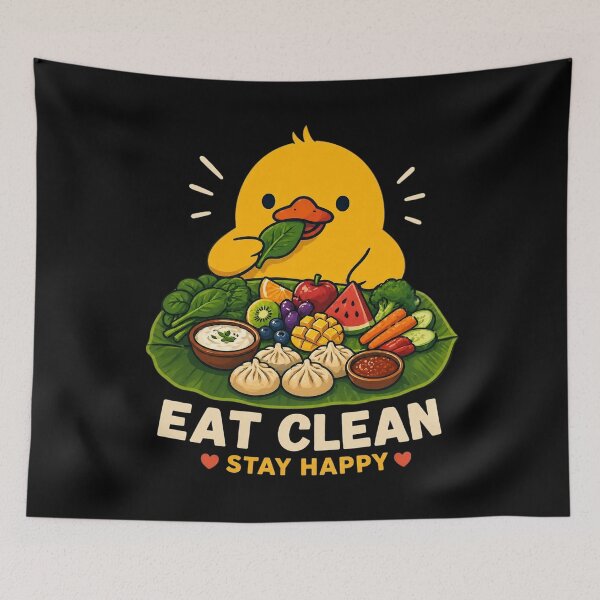 Item preview, Cute Duck eating foods in banana leaf traditional way  designed and sold by LineLoo.