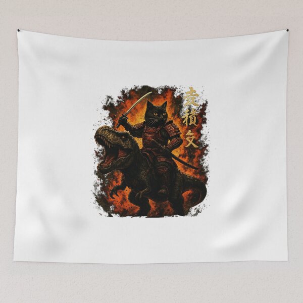Item preview, Samurai Cat Riding Dinosaur Fire Battle Illustration designed and sold by titanlevi.