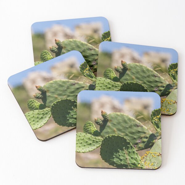 Item preview, Prickly Pear Cactus With Green Pads and Yellow Wildflowers in Sunny Mediterranean Landscape designed and sold by Nmallia.