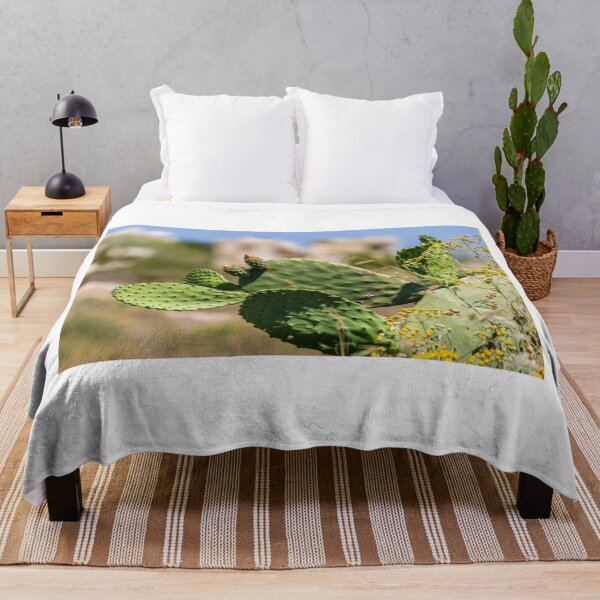 Item preview, Prickly Pear Cactus With Green Pads and Yellow Wildflowers in Sunny Mediterranean Landscape designed and sold by Nmallia.