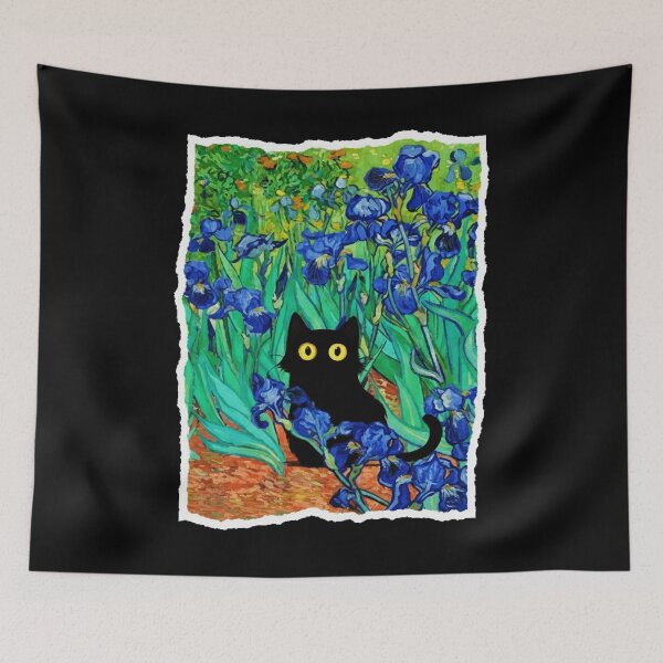 Item preview, Black Cat in Blue Irises Colorful Garden Illustration designed and sold by JordynLadukeg65.
