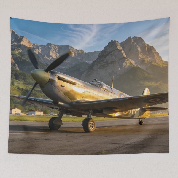 Item preview, Supermarine Spitfire with Mountain View – Iconic Warbird Impression Art Print designed and sold by BlareBlare.