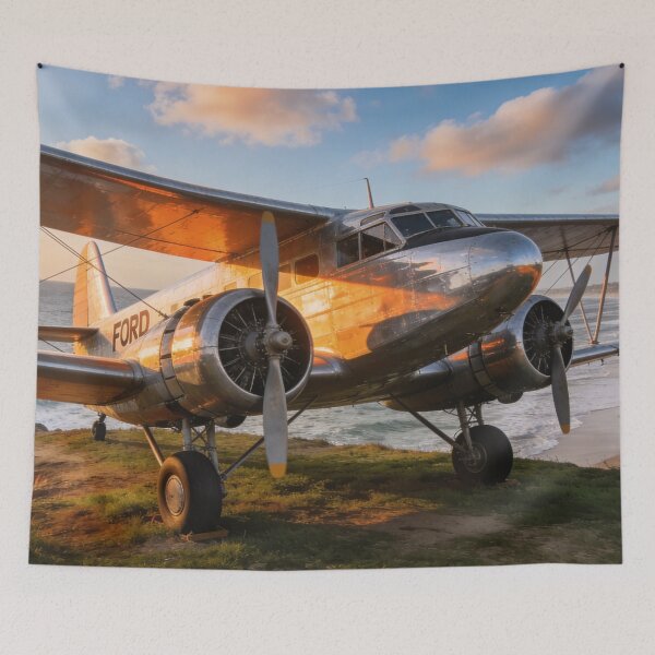 Item preview, Ford Trimotor on Coastal Cliff – Ocean View Vintage Airplane Artwork designed and sold by BlareBlare.