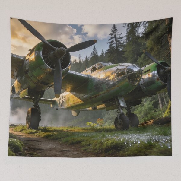 Item preview, Lockheed P-38 Lightning in Forest Waterfall Scene – Retro Aircraft Art Print designed and sold by BlareBlare.