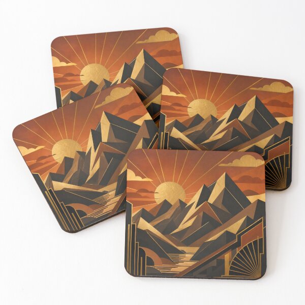 Item preview, Neo Art Deco Mountain Sunset Gold Geometric Abstract designed and sold by Glitchart66.