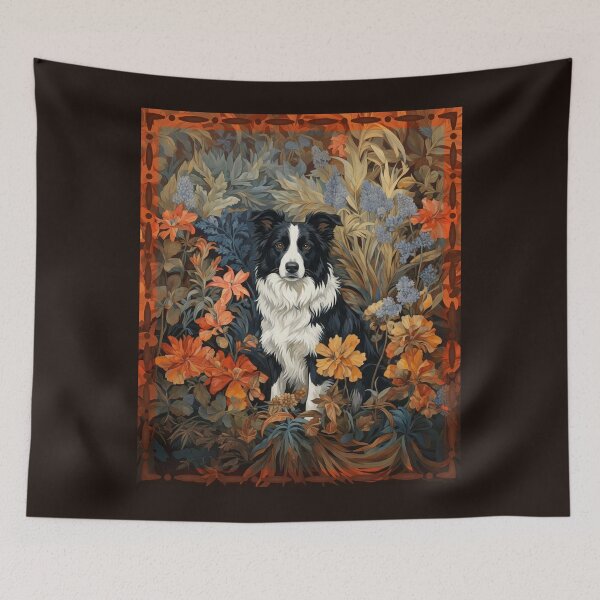 Item preview, Black White Border Collie Dog Floral Art designed and sold by AntiqueImages.
