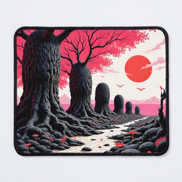 Item preview, Crimson Path I – Surreal Landscape with Black Trees and Red Sun designed and sold by Huskyyy Designs.